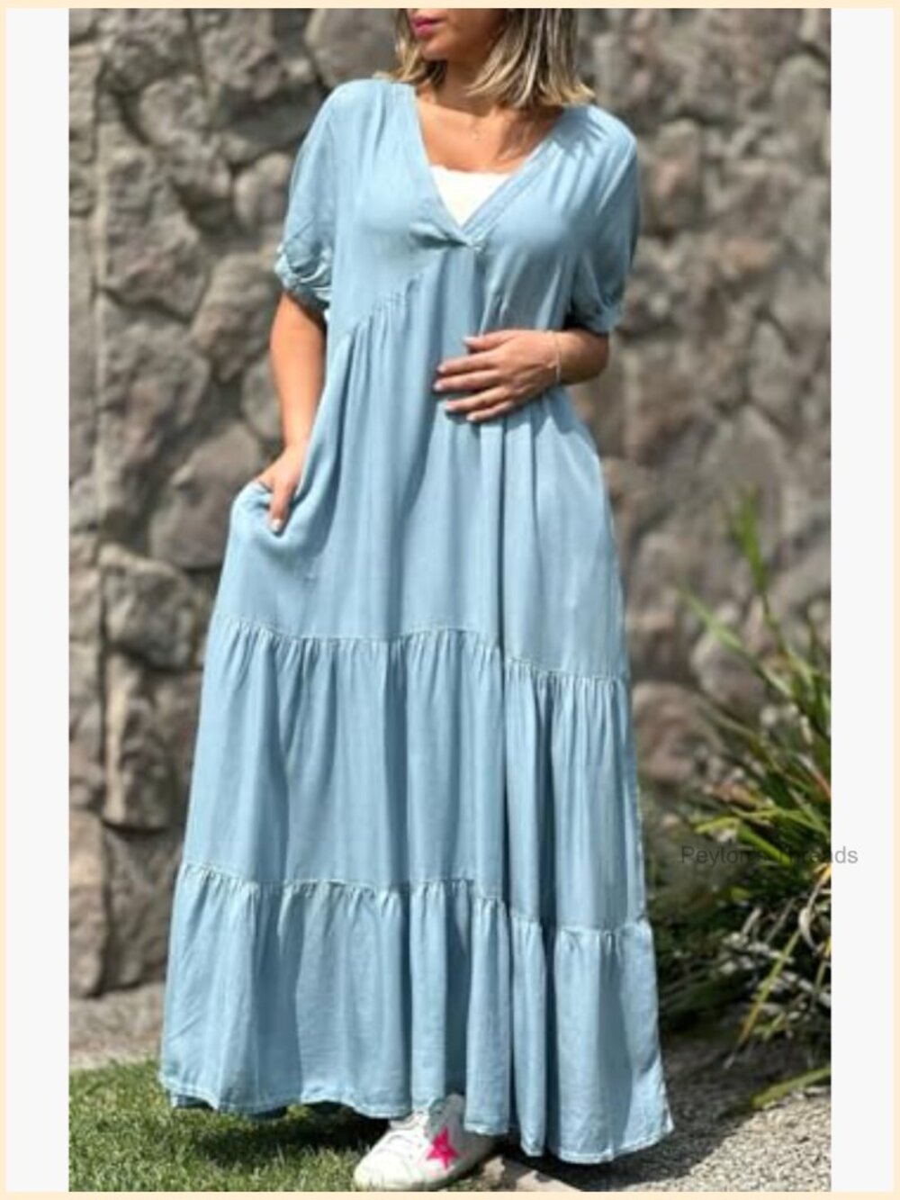 Boho Tiered Maxi Denim Dress with Pockets - Picture 2 of 3